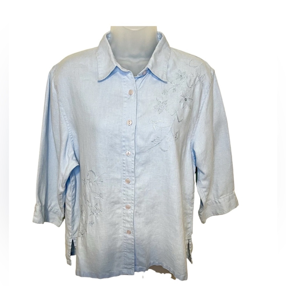 Goodclothes PM 100% Linen Shirt Button Down 3/4 Sleeve Blue Embroidery Women